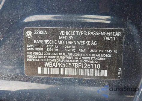 2011 BMW 328I xDrive из США, поврежденный, VIN WBAPK5C57BF126110